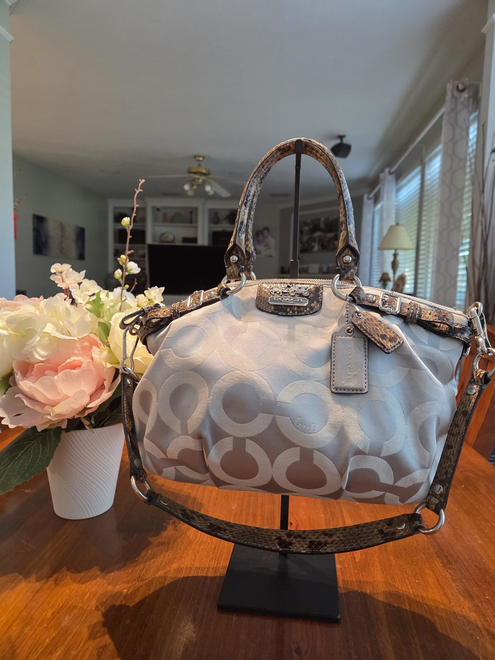 Coach Madison Sophia Op Art Satchel in Light Gray with Snake-Print Trim